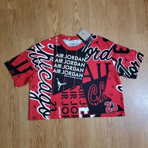 Air Jordan 1 2 3 4 5 6 11 12 13 Bred OG Heritage Women's Crop Top Tee Shirt Red - Picture 2 of 16